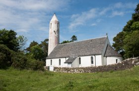 The distinctive Kilmore church in Dervaig in north Mull