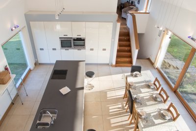 Kitchen and dining area viewed from above
