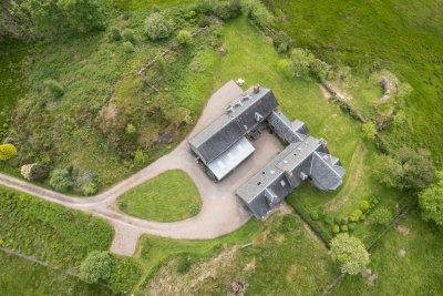 Looking down on the courtyard at Kilpatrick, where the Farmhouse, Coach House and Studio Apartment can be found
