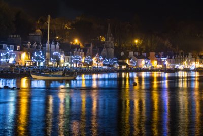 Tobermory at night with the Christmas lights