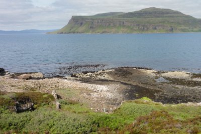 The rocky coast around Ardtun with Ardmeanach visible across Loch Scridain