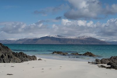 Traigh Bhan in north Iona and the winters view across to the snow clad Isle of Mull