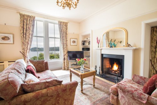 Columba Apartment living room with open fire and opulent furnishings and antiques