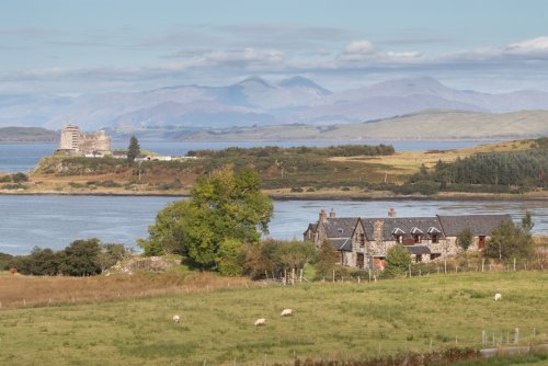 The buildings at Kilpatrick with Duart Castle in the distance